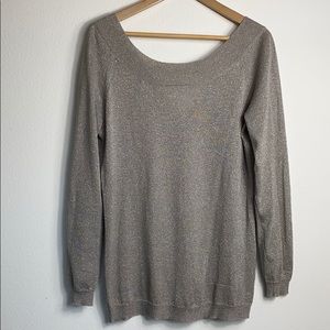 H By Halston Metallic Yarn Silver V Back Sweater
